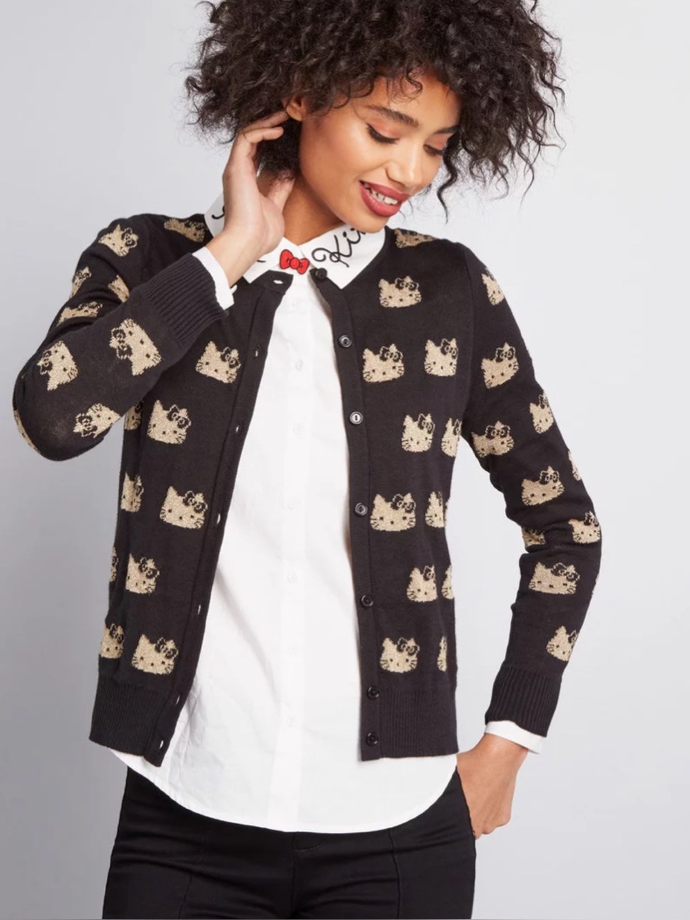 ModCloth x Hello Kitty Kawaii Icon Cardigan Size 1X Black Metallic Gold Logo - Picture 2 of 11